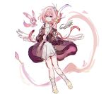 1girl angel_wings blue_eyes breasts coat commentary_request cyrene_(honkai:_star_rail) dress fluffy_tail hair_ornament highres holding holding_staff honkai:_star_rail honkai_(series) jewelry ko_(assd_009) korean_commentary mem_(honkai:_star_rail) necklace pink_fur pink_hair purple_coat sandals short_hair simple_background small_breasts staff star-shaped_pupils star_(symbol) symbol-shaped_pupils white_background white_dress wings 