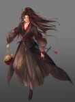  1boy absurdres ahoge bite_mark black_boots black_hair black_hanfu blush boots brown_hair chinese_clothes collarbone dizi floating_hair flute flute_tassel full_body gradient_background grey_background hair_ribbon half-closed_eyes hanfu hickey high_ponytail highres holding holding_flute holding_instrument holding_jug implied_yaoi instrument jug_(bottle) korean_commentary long_hair long_sleeves looking_down male_focus modao_zushi niken_(niken_ouo) parted_lips ponytail purple_eyes red_eyes red_ribbon ribbon robe sash simple_background smile solo standing tassel transverse_flute wei_wuxian wide_sleeves yaopei 