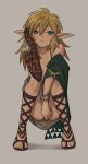 1boy bare_shoulders blonde_hair blush convenient_censoring earrings jewelry kokekokeimo link mechanical_arms pointy_ears sandals single_earring single_mechanical_arm squatting the_legend_of_zelda 