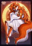 accessory anthro armlet barefoot blue_eyes canid canine canis cheek_tuft clothed clothing colored digital_media_(artwork) dress european_mythology facial_tuft feet female fluffy fluffy_tail full-length_portrait fur gloves_(marking) gold_(metal) gold_jewelry greek_mythology hair hair_accessory hi_res jewelry kyotoleopard long_hair looking_aside mammal markings mythology portrait red_body red_fur red_hair shaded sitting solo tail tuft white_body white_clothing white_dress white_fur wolf