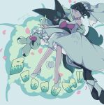  1girl alternate_costume bare_shoulders black_hair blue_eyes blue_hair blush bridal_veil carrying colored_inner_hair colored_smoke dress explosion explosion_background falling_petals frills gloves hair_ornament hairclip hat high_heels hurousya_95 liko_(pokemon) looking_at_another meowscarada multicolored_hair open_mouth petals pokemon pokemon_(anime) pokemon_(creature) pokemon_horizons princess_carry shoes smoke sound_effects sweatdrop top_hat two-tone_hair veil wedding_dress white_hat white_shoes 