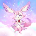  blue_eyes blush commentary_request dress floating fluffy_tail full_body gem highres honkai:_star_rail honkai_(series) long_hair maria_(maria_rose) mem_(honkai:_star_rail) no_humans open_mouth partial_commentary pink_fur red_gemstone star-shaped_pupils star_(symbol) symbol-shaped_pupils white_dress 