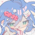  1girl :3 ahoge artist_name ben-day_dots blue_hair cat_hair_ornament character_hair_ornament copyright_name cursor cursor_hair_ornament green_eyes grid_background hair_ornament highres izumi_konata looking_at_viewer lucky_star mole mole_under_eye nyamou pointing pointing_at_viewer portrait red_sailor_collar ryouou_school_uniform sailor_collar school_uniform screentones shirt sidelocks solo sparkle sparkling_eyes star_(symbol) star_hair_ornament tendoshi twitter_username white_shirt window_(computing) winter_uniform 