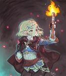  1girl alpaca_carlesi black_cloak black_gloves black_pants blue_eyes blue_shirt braid breasts cloak commentary cowboy_shot embers english_commentary fingerless_gloves fire gloves hair_ornament hairclip highres holding holding_torch looking_back medium_breasts pants parted_bangs parted_lips pointy_ears princess_zelda shirt short_hair sidelocks signature solo the_legend_of_zelda the_legend_of_zelda:_tears_of_the_kingdom torch 