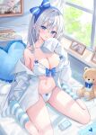  1girl absurdres ass_visible_through_thighs balloon bare_shoulders bed bed_sheet blue_bow blue_eyes blue_hairband blue_socks blush bow bow_bra bow_panties bra breasts cable cleavage clock collarbone collared_shirt commentary_request commission crossed_bangs digital_clock digital_media_player hair_between_eyes hair_bow hair_intakes hairband head_tilt heart heart-shaped_pillow highres indoors korean_commentary large_breasts legs light_particles long_hair long_sleeves looking_at_viewer navel off_shoulder on_bed original panties parted_lips picture_frame pillow rangtori second-party_source shirt sidelocks sitting sleeves_past_fingers sleeves_past_wrists socks solo stomach striped_clothes striped_socks stuffed_animal stuffed_toy teddy_bear thighs underwear very_long_hair wariza white_bra white_hair white_panties white_shirt window yuksi_(yuksi) 