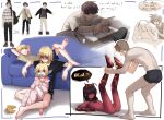  4girls 6+boys absurdres arthur_(popopoka) black_hair blonde_hair blue_eyes brother_and_sister cat_croissant_(popopoka) colored_skin couch dark-skinned_female dark_skin demon_girl demon_horns english_text erika_(popopoka) freckles highres horns long_hair long_sleeves mimi_(popopoka) multiple_boys multiple_girls original popopoka pussy red_skin shirt short_hair short_sleeves siblings sisters smile sophie_(popopoka) speech_bubble 