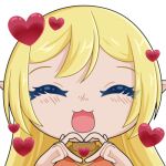  1girl :3 blonde_hair blush chibi commission commissioner_upload elf emoji emoticon facing_viewer heart heart_hands long_hair lotte_farona low_resolution lowres official_art open_mouth orange_shirt pointy_ears selinanovalight shirt smile solo tagme ways_of_darkness_(series) 