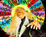  1girl anna_croft black_shirt black_suit blonde_hair collar distortion gambling glitch glowing glowing_eyes hair_flowing_over jewelry long_hair macaronijail necklace omniscient_reader&#039;s_viewpoint open_mouth reaching reaching_towards_viewer shirt solo suit sun_behind_head teeth upper_body upper_teeth_only wheel_of_fortune_(game_show) white_collar wide-eyed yellow_eyes 