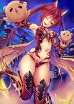  ;d animal_ears armor ass_visible_through_thighs bikini_armor boots bow bowtie breasts breasts_apart building cape cerberus_(shingeki_no_bahamut) choker city dog_ears fukai_ryousuke gauntlets gloves granblue_fantasy leg_up long_hair midriff navel night night_sky one_eye_closed open_mouth red_armor red_eyes red_hair shingeki_no_bahamut sky small_breasts smile solo standing standing_on_one_leg star_(sky) starry_sky thigh_boots thighhighs twintails 