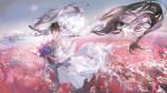  black_hair bridal_veil dress flower highres holding holding_flower long_hair lucia_(pgr) punishing:_gray_raven twintails veil wedding_dress white_veil 