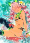  1girl :d animal_ears arm_support bare_arms bare_legs bare_shoulders bead_bracelet bead_necklace beads bikini black_bikini black_thighhighs blush bow bracelet braid breasts cat_ears cellphone chikinan_tarou chloe_von_einzbern chloe_von_einzbern_(swimsuit_avenger)_(second_ascension) collarbone dark-skinned_female dark_skin detached_leggings fake_animal_ears fate/grand_order fate_(series) flower front-tie_bikini_top front-tie_top full_body hair_between_eyes hair_bow hair_flower hair_ornament hairband highres jewelry long_hair looking_at_viewer low_twin_braids multicolored_bikini multiple_hair_bows navel necklace one_eye_closed open_mouth orange_eyes outdoors painting_(medium) palm_leaf palm_tree phone pink_hair red_bow red_ribbon ribbon separated_legs sitting sky small_breasts smile solo stomach_tattoo suitcase summer sunlight swimsuit tattoo thighhighs thighs traditional_media tree twin_braids two-tone_bikini two-tone_legwear watercolor_(medium) yellow_flower 