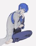 0qktb 1boy arm_up barefoot blue_eyes blue_nails blue_pants blue_trim coat collared_coat double-parted_bangs hair_behind_ear hair_between_eyes highres hugging_own_leg kaito_(vocaloid) kaito_(vocaloid3) kneeling leg_up long_sleeves looking_to_the_side lower_teeth_only male_focus nail_polish open_mouth pants popped_collar short_hair sideways_glance simple_background sleeve_cuffs smile solo teeth vocaloid white_background white_coat 
