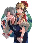  amanogawa_ryuusei andou_loid apron arched_crown black_hair blonde_hair blue_apron brown_eyes carrying child collared_jacket commentary crown glasses green_eyes green_shorts grey_hair grin hair_between_eyes hand_up hercules_beetle highres holding holding_toy jacket jinzou_konchuu_kabutoborg_vxv kuroda_(kuro_yyy) looking_at_another looking_at_viewer looking_back mini_eyewear open_clothes open_jacket open_mouth piggyback red_jacket red_shoes round_eyewear shirt shoes short_hair shorts smile sneakers standing star_(symbol) tomcat_red_beetle_(kabutoborg) toy toy_car v white_background white_shirt wristband 