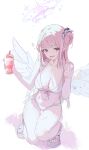  1girl absurdres alternate_costume bare_arms bare_shoulders bikini blue_archive blush breasts cleavage drink feathered_wings flower hair_bun hair_ornament hair_scrunchie halo highres holding holding_drink large_breasts looking_at_viewer mika_(blue_archive) navel open_mouth pink_hair pink_halo purple_flower purple_sandals sandals scrunchie single_side_bun solo squatting stomach swimsuit white_bikini white_scrunchie wings wturnip yellow_eyes 