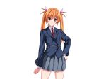  1girl blazer brown_eyes buttons clenched_hand cowboy_shot frown game_cg gentle_sasaki grey_skirt hair_ribbon hand_on_own_hip jacket large_variant_set long_hair long_sleeves looking_at_viewer necktie non-web_source official_art orange_eyes orange_hair pink_ribbon pleated_skirt red_necktie ribbon school_uniform shindou_hikari shirt skirt solo soukou_senki_prism_reica soukou_senki_prism_shine standing transparent_background twintails variant_set 