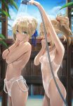  2girls armpits aroused_nosebleed artoria_pendragon_(fate) blonde_hair blood blue_sky braid braided_bun breasts commentary_request covering_breasts covering_privates fate/grand_order fate_(series) female_pervert green_eyes hair_bun highres holding holding_hose hose mordred_(fate) mother_and_daughter multiple_girls navel nosebleed pervert ponytail saber_(fate) see-through_clothes see-through_one-piece_swimsuit short_hair showering sky small_breasts stomach thighhighs tonee wet wet_clothes yuri 