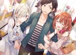  +++ 2girls :d arm_hug bag black_hair black_pants blue_eyes blurry blurry_background blush brown_hair closed_mouth collared_shirt commentary_request eyes_visible_through_hair facing_viewer green_eyes green_shirt grey_hair grey_jacket handbag indoors jacket kohinata_iroha_(imouuzai) looking_at_another looking_to_the_side medium_hair multiple_girls novel_illustration off-shoulder_shirt off_shoulder official_art ooboshi_akiteru open_clothes open_mouth open_shirt pants people second-party_source shirt short_hair sideways_glance single_tear skirt small_sweatdrop smile tomari_(veryberry00) tomodachi_no_imouto_ga_ore_ni_dake_uzai tsukinomori_mashiro white_skirt wing_collar 