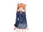  1girl blazer blue_jacket blush buttons clenched_hands closed_eyes cowboy_shot game_cg gentle_sasaki grey_skirt hair_ribbon jacket large_variant_set long_hair long_sleeves necktie non-web_source official_art open_mouth orange_hair pink_ribbon pleated_skirt red_necktie ribbon school_uniform shindou_hikari shirt skirt solo soukou_senki_prism_reica soukou_senki_prism_shine standing transparent_background twintails variant_set 