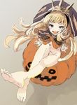  :d blush breasts cagliostro_(granblue_fantasy) cape crazy_smile feet granblue_fantasy hairband halloween hood iwasaki_takashi jack-o'-lantern long_hair looking_at_viewer naked_cape navel nude open_mouth pumpkin purple_eyes sitting small_breasts smile solo toes 