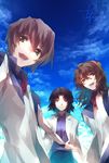  1girl 2boys :d black_hair brown_eyes brown_hair cloud dated highres kasugai_koyo kurusu_misao labcoat long_hair long_sleeves makabe_akane multiple_boys open_mouth red_eyes short_hair signature sky smile soukyuu_no_fafner 