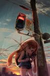  1girl anon1um blue_sky cellphone closed_mouth cloud commentary_request dolphin_shorts highres holding holding_phone holding_umbrella inkling inkling_girl inkling_player_character long_hair orange_hair outdoors phone pointy_ears rain road_sign shirt shorts sign signature sky sleeveless sleeveless_shirt smartphone smile solo splatoon_(series) splatoon_3 tentacle_hair traffic_light transparent transparent_umbrella umbrella 