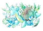  air_bubble animal_focus bubble closed_eyes coral full_body highres lapras no_humans non_(kumakawayusu) open_mouth painting_(medium) piplup pokemon pokemon_(creature) popplio shell simple_background starfish traditional_media underwater watercolor_(medium) white_background 