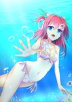  air_bubble bikini blue_eyes breath bubble diving fang freediving highres holding_breath long_hair merukiarisu open_mouth original red_hair solo swimming swimsuit two_side_up underwater 