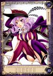  breasts cape chestnut_mouth curly_hair despina_(queen's_blade) ducking hand_on_headwear hat highres kure_masahiro large_breasts long_hair long_sleeves non-web_source o-ring o-ring_legwear open_mouth pointy_ears purple_eyes purple_hair queen's_blade queen's_blade_grimoire revealing_clothes simple_background solo white_background 