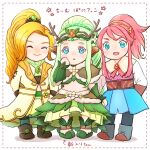  3girls alternate_costume animal_ears blonde_hair blue_eyes closed_eyes fantasy_life fantasy_life_online green_hair hair_ornament highres jewelry laura_(fantasy_life) leilah_(fantasy_life) multiple_girls olianna_(fantasy_life) open_mouth ponytail skirt smile sumumu translation_request white_background 