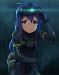  ahoge aqua_eyes assault_rifle big_boss big_boss_(cosplay) blurry bodysuit bokeh breasts cosplay depth_of_field gloves gun h@ll harness idolmaster lens_flare long_hair md5_mismatch metal_gear_(series) metal_gear_solid:_ground_zeroes mochizuki_anna night_vision_device parody pouch purple_hair rain rifle skin_tight small_breasts smile sneaking_suit solo weapon wet wet_clothes 