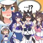  !? &gt;_&lt; ... 4girls :d animal_ears beret bikini black_bikini black_hair blue_eyes blue_hair blue_one-piece_swimsuit blush bow breasts brown_hair cheval_grand_(umamusume) chibi closed_eyes closed_mouth commentary_request ears_through_headwear frilled_bikini frilled_one-piece_swimsuit frilled_skirt frills hair_between_eyes hat highres holding horse_ears horse_girl horse_tail kitasan_black_(umamusume) medium_breasts multicolored_hair multiple_girls o-ring o-ring_bikini o-ring_bottom one-piece_swimsuit peaked_cap pink_bikini plaid_bikini plaid_clothes pleated_skirt pointing puffy_short_sleeves puffy_sleeves purple_bow purple_shirt red_eyes school_uniform shirt short_sleeves skirt smile streaked_hair swimsuit swimsuit_hanger tail takiki thighhighs tracen_school_uniform trembling twintails two_side_up umamusume v-shaped_eyebrows verxina_(umamusume) vivlos_(umamusume) white_hair white_hat white_skirt white_thighhighs wide_oval_eyes xd 