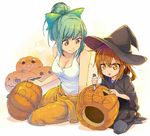  alternate_costume bangs bow brown_eyes brown_hair carving commentary_request green_hair hair_bow hair_ornament hairclip halloween halloween_costume hat ikazuchi_(kantai_collection) kantai_collection magenta_(atyana) multiple_girls pantyhose ponytail pumpkin tank_top witch_hat yuubari_(kantai_collection) 
