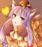  animal_ears between_breasts bow breasts cat_ears cat_tail chestnut_mouth cleavage crescent crescent_hair_ornament fang gloves hair_ornament hair_ribbon halloween halloween_costume hat jack-o'-lantern kemonomimi_mode large_breasts long_hair looking_at_viewer midriff navel open_mouth patchouli_knowledge paw_gloves paws purple_eyes purple_hair ram_hachimin ribbon solo tail tail_ribbon touhou tress_ribbon very_long_hair whiskers 