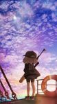  1girl anon1um baseball_cap bike_shorts black_hat black_jacket black_shorts blue_sky cloud cloudy_sky commentary_request from_behind full_body hat highres holding holding_weapon horizon inkling inkling_girl inkling_player_character innertube jacket medium_hair print_jacket shoes shorts signature sky solo splat_charger_(splatoon) splatoon_(series) splatoon_3 standing swim_ring tentacle_hair weapon 