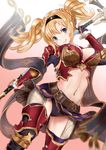  &gt;:) absurdres armor belt blonde_hair blue_eyes blush braid breasts cleavage gloves gradient gradient_background granblue_fantasy hair_intakes hairband highres holding holding_weapon large_breasts lips long_hair midriff navel polearm purple_gloves red_armor showgirl_skirt sin_(kami148) smile solo spear thighhighs twin_braids twintails v-shaped_eyebrows weapon zeta_(granblue_fantasy) 