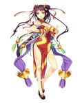  arm_ribbon artist_request bare_legs bell braided_bun brass_knuckles breasts china_dress chinese_clothes cleavage clenched_hand double_bun dragon_print dragon_tattoo dress floating_hair full_body golden_fist_rin hair_ornament hair_ribbon highres jingle_bell long_hair medium_breasts own_hands_together red_eyes ribbon rin_(royal_flush_heroes) royal_flash_heroes sleeveless solo spiked_knuckles tattoo transparent_background weapon 
