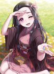  1girl absurdres black_hair black_robe candy checkered_sash day fangs food grass hair_ribbon hand_up highres holding holding_candy holding_food japanese_clothes kamado_nezuko kimetsu_no_yaiba kimono konpeitou long_hair looking_at_viewer one_eye_closed open_mouth outdoors pink_eyes pink_kimono pink_ribbon ribbon robe sitting slit_pupils solo teeth upper_teeth_only wariza yahha 
