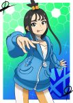  1girl absurdres black_eyes black_hair blue_hoodie border character_print choker closed_mouth commentary cube_hair_ornament dairok_(dandroirl) eyelashes hair_ornament highres hood hood_down hoodie leggings lida_(pokemon) long_sleeves pokemon pokemon_legends:_z-a shirt sidelocks smile solo tongue tongue_out topknot white_border white_choker white_shirt zipper zipper_pull_tab 