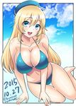  :d artist_name atago_(kantai_collection) bare_arms bare_legs beret bikini blonde_hair blue_bikini blue_eyes blue_sky border breasts cleavage cloud collarbone dated day full_body hair_between_eyes hanging_breasts hat kantai_collection kondou_ryunosuke large_breasts long_hair looking_at_viewer open_mouth outdoors sky smile solo swimsuit thigh_gap twitter_username white_border 