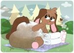 absurd_res animate_inanimate anthro baby_powder bedding big_diaper blanket blue_blanket blush bodily_fluids brown_body brown_fur brown_heart clean_diaper clothed clothing cloud diaper diaper_fetish diaper_only diaper_squish diaper_use evergreen_tree feces flirting flirting_with_viewer fur genital_fluids grass half-closed_eyes hand_on_diaper head_tuft heart_eyes heart_symbol hi_res huge_diaper lagomorph leporid living_plushie looking_at_viewer looking_back male mammal narrowed_eyes pine_tree plant plushie pooping pooping_diaper poopy_diaper presenting presenting_diaper public_diaper_use rabbit shaded shrub sky skyscape soiled_diaper soiling soiling_diaper solo stink_fumes stitch_(sewing) tenerius tongue tongue_out topless touching_diaper tree tuft unclean_diaper urine used_diaper wearing_diaper wet_diaper white_diaper