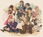  4boys 4girls alfyn_greengrass anniversary apple backpack bag barrel black_hair blonde_hair book bracelet braid braided_ponytail breasts brown_hair brown_hat cape cloak commentary_request copyright_name cyrus_albright dancer dated earrings food fruit grey_eyes grey_hair h&#039;aanit_(octopath_traveler) hair_between_eyes hair_over_one_eye hat high_ponytail holding holding_book holding_staff hoop_earrings jewelry linde_(octopath_traveler) medium_breasts mole mole_under_mouth multiple_boys multiple_bracelets multiple_girls octopath_traveler octopath_traveler_i olberic_eisenberg ophilia_clement pointing ponytail primrose_azelhart purple_cloak regan_(hatsumi) robe signature sitting smile snow_leopard staff standing therion_(octopath_traveler) tressa_colzione watermark white_cape white_robe 