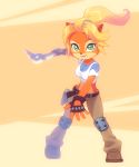  2018 abstract_background anthro bandicoot belt black_nose blonde_hair boomerang breasts clothed clothing coco_bandicoot crash_bandicoot_(series) female fingerless_gloves footwear fully_clothed gloves green_eyes hair hairband holding_object holding_weapon holster kempferzero knee_pads long_hair mammal marsupial midriff pants shirt shoes skylanders_academy smile solo standing t-shirt tank_top video_games weapon 