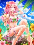  anklet barefoot bikini blush breasts cleavage cocktail commentary_request cup drink drinking_straw flower food fruit hacka_doll hacka_doll_2 hair_flower hair_ornament hibiscus jewelry large_breasts long_hair looking_at_viewer navel ocean open_mouth petals pink_eyes pink_hair rinco smile solo swimsuit 