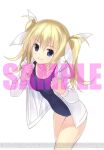  1girl arimura_hinae blonde_hair blue_eyes breasts chaos;child chaos;child_love_chu_chu!! covered_navel dengeki_online hair_ribbon hood hoodie leaning_forward long_hair one-piece_swimsuit ribbon sample_watermark sasaki_mutsumi school_swimsuit science_adventure small_breasts smile solo swimsuit swimsuit_under_clothes thighs twintails two_side_up watermark white_hoodie white_ribbon 