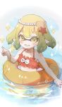  1girl anon1um bikini bracelet commentary_request dot_nose eyelashes fang frilled_bikini frills green_eyes green_hair halterneck head_wreath highres inkling inkling_girl inkling_player_character innertube jewelry looking_at_viewer multiple_bracelets open_mouth pointing pointy_ears red_bikini short_hair signature smile solo sparkle splatoon_(series) splatoon_3 swim_ring swimsuit tentacle_hair water 