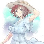  bad_id bad_pixiv_id canon_memphis dress hand_on_headwear hat hiki-wota looking_at_viewer purple_eyes red_hair short_hair sketch smile solo soukyuu_no_fafner sun_hat 