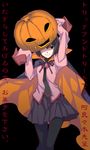  black_eyes black_hair cape empty_eyes ginta halloween jack-o'-lantern monogatari_(series) oshino_ougi owarimonogatari pantyhose school_uniform short_hair sleeves_past_wrists solo translated 