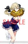  1girl ahoge blonde_hair blue_shirt blue_skirt cheering cheerleader clothing_request crop_top crop_top_overhang dengeki_online fukuda_tomonori full_body hair_between_eyes holding holding_pom_poms horizontal-striped_skirt koujiro_frau leg_warmers long_hair looking_at_viewer midriff miniskirt official_art pleated_skirt pom_pom_(cheerleading) robotics;notes saitou_rokuro sample_watermark science_adventure shirt shoes simple_background skirt socks solo twintails two_side_up watermark white_background white_leg_warmers white_shoes white_socks 