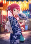  1girl absurdres ahoge anime_coloring blue_kimono blush braid breasts festival floral_print food_stand green_eyes hair_bun hand_fan hataraku_maou-sama! highres holding holding_pouch iino_takehiro japanese_clothes kimono lantern long_sidelocks looking_at_viewer night obi official_art open_mouth paper_fan paper_lantern parted_lips print_kimono red_hair sample_watermark sash side_braid sidelocks solo standing summer_festival tsurime uchiwa watermark wide_sleeves yatai yellow_eyes yukata yusa_emi 