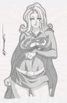  belt breasts cape daikon_(daicombo) dc_comics large_breasts long_hair long_sleeves looking_at_viewer miniskirt monochrome signature simple_background skirt solo supergirl superhero 
